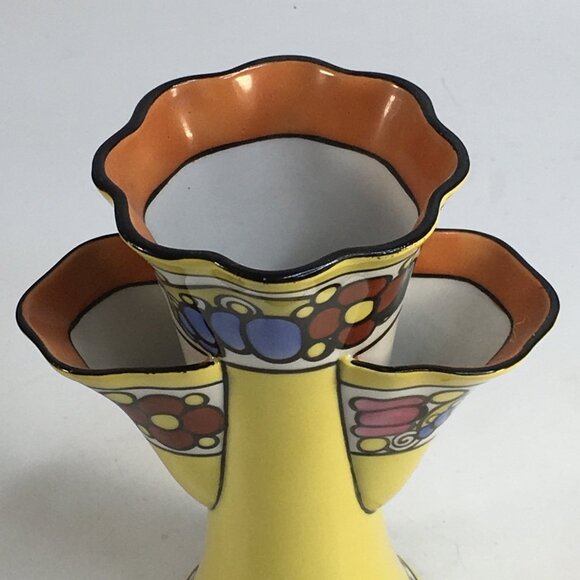 Noritake Art Deco Vase Design 3 Chamber Tulip Yellow Orange Blue Lusterware 7in - Picture 5 of 16